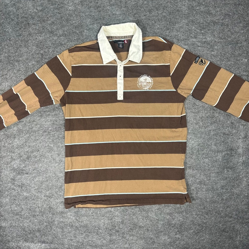 RARE Quiksilver Long Sleeve‎ Rugby Shirt Mens L G Striped Collar Logo Casual Top